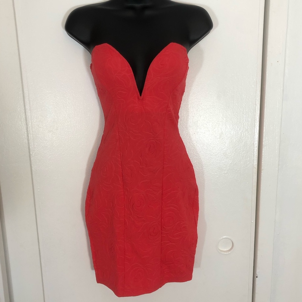 Coral Strapless Floral Bodycon Dress